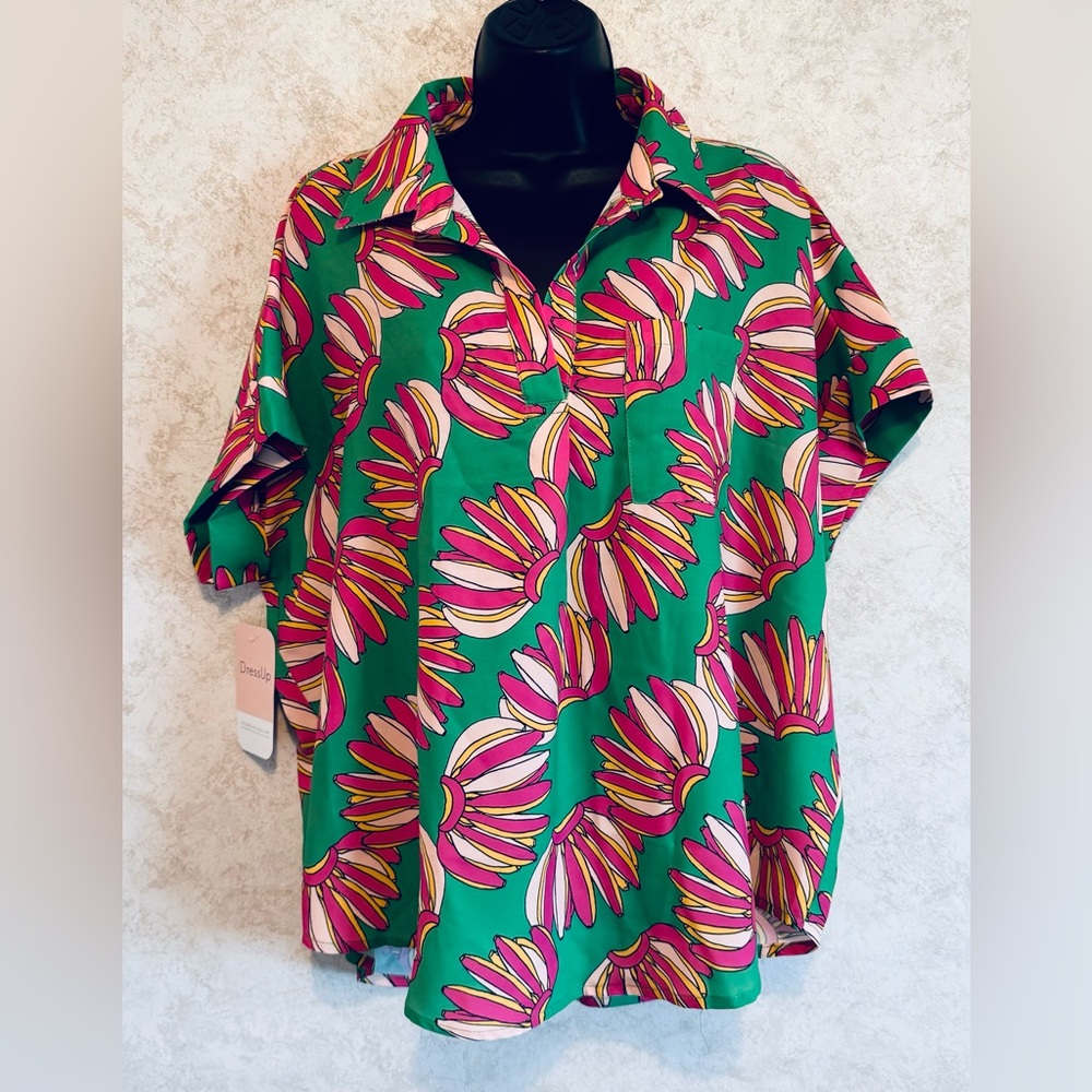 Hudson Gray Womens Pull Over Top Cap Sleeves Green Floral Size Medium Oversized